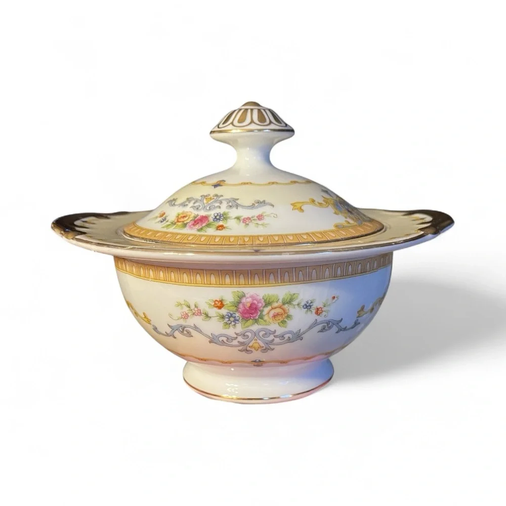 Vtg Meito China Empire Pattern Covered Sugar Bowl Windsor Shape Gold & Blue - Picture 7 of 8